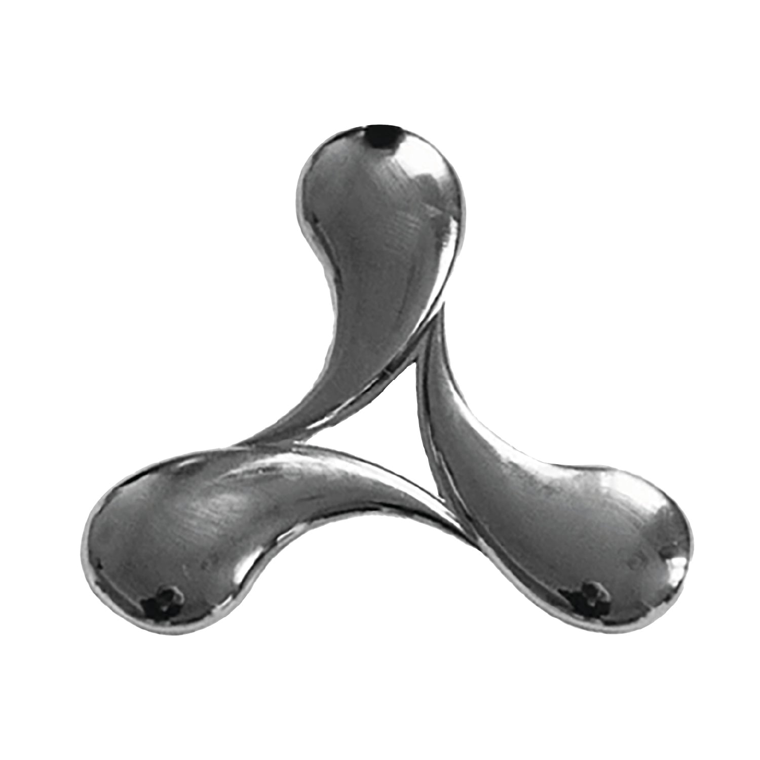 A shiny, metallic Creamfields Miniature Pin Badge with smooth curves and a chrome finish, featuring three overlapping prongs, resembling abstract drops, set against a plain white background.