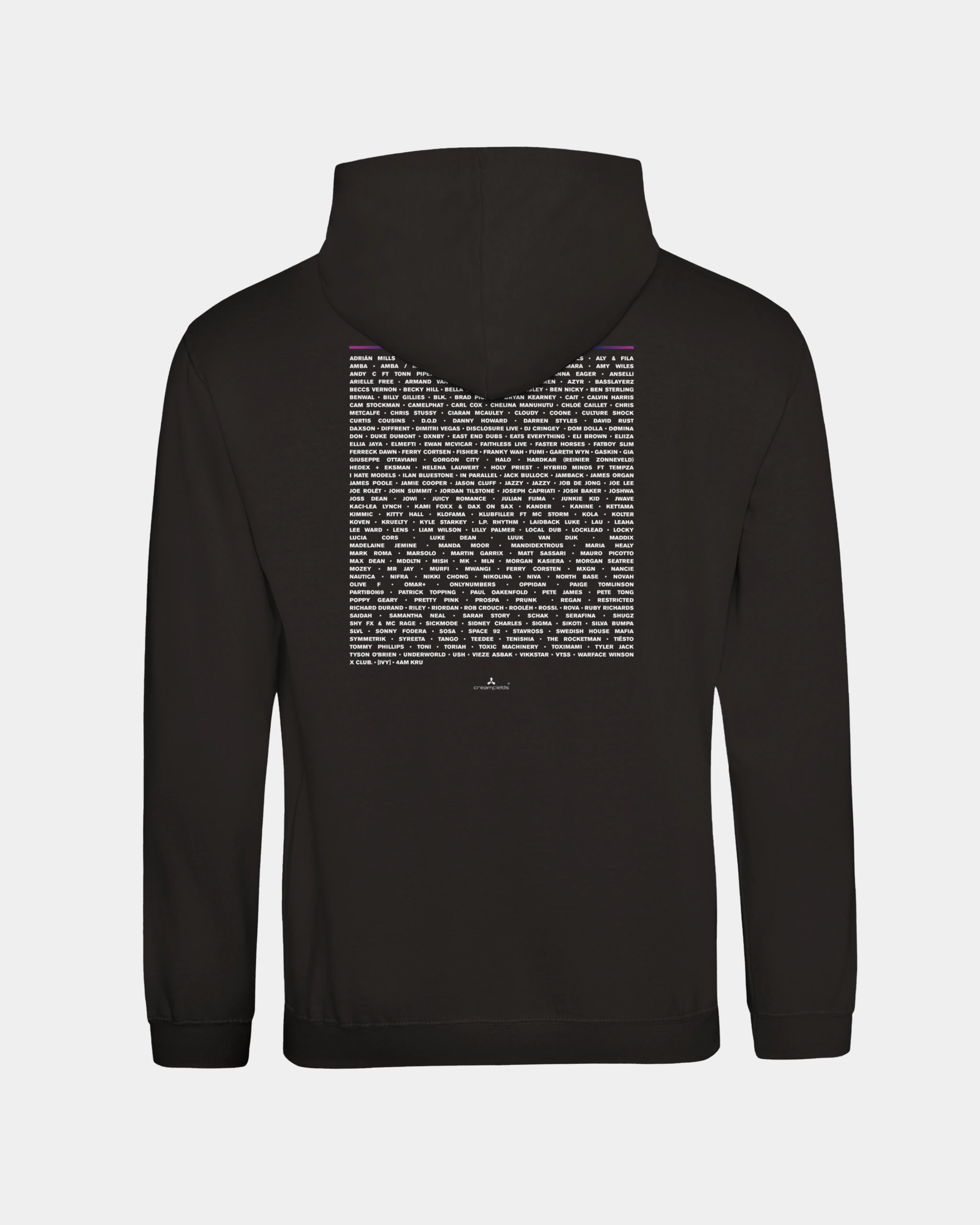 A back view of the Creamfields 2026 Line-Up 20 Years Roundel Black Hoodie, featuring a large central rectangular block of small white text. This super soft, unisex-fit hoodie is made to order and displayed with the hood up against a plain white background.