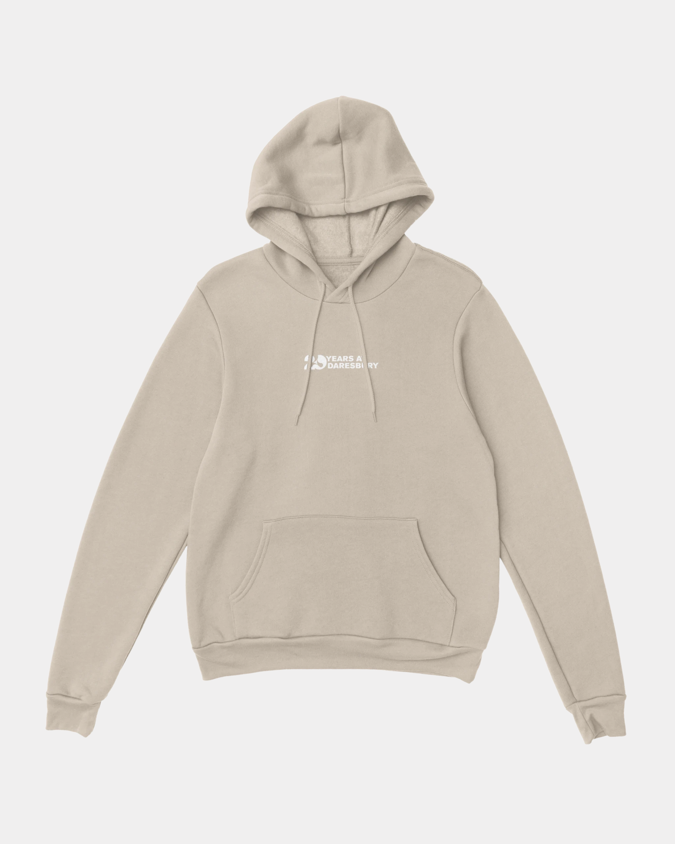 Creamfields 20 Years Sand Hoodie by Creamfields, made from a beige cotton-polyester blend, features a front pocket and drawstring hood, along with a small white logo and “Creamfields 20 Years” text on the chest. The heavy blend hoodie is shown laid flat on a white background.