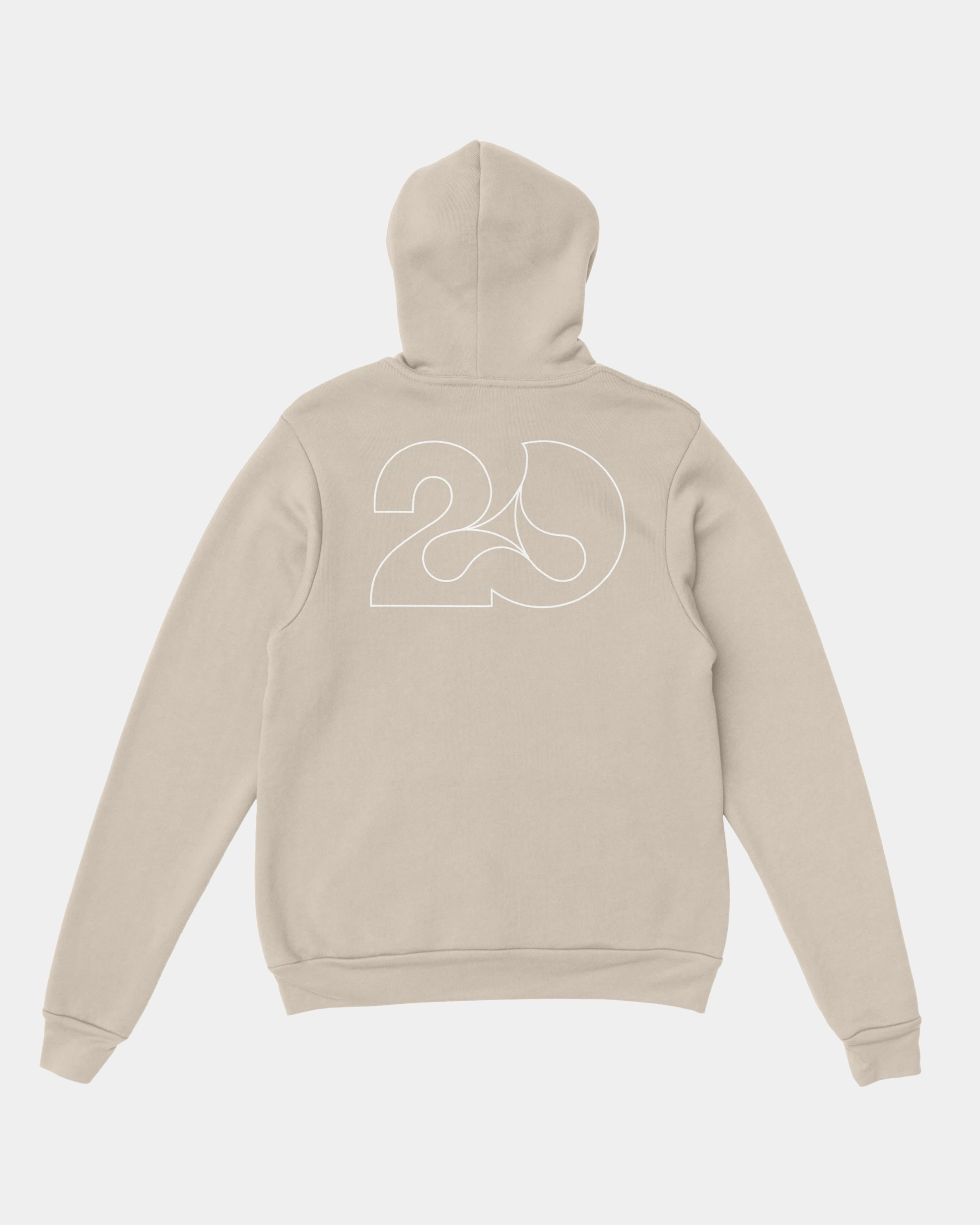 The Creamfields 20 Years Sand Hoodie by Creamfields is pictured from the back, featuring a large, white-outlined “20” design across the upper back. This heavy blend hoodie is made from a soft cotton-polyester fabric for lasting comfort and durability.