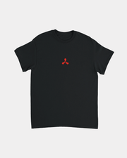 Creamfields Heatwave Black T-Shirt featuring a small red three-pronged abstract symbol centered on the chest, displayed against a plain white background. This classic-fit, heavyweight cotton t-shirt is a durable staple for any wardrobe.
