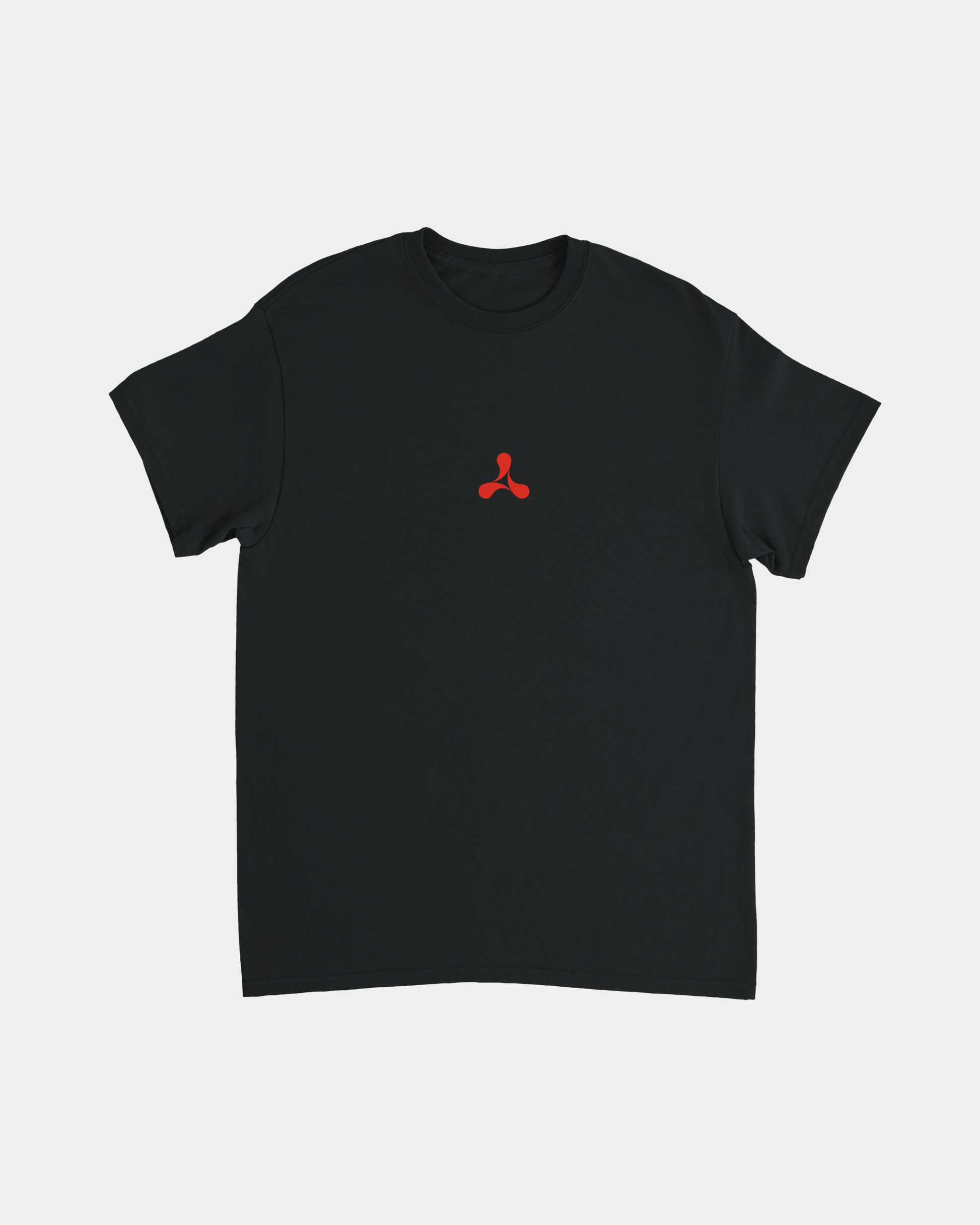 Creamfields Heatwave Black T-Shirt featuring a small red three-pronged abstract symbol centered on the chest, displayed against a plain white background. This classic-fit, heavyweight cotton t-shirt is a durable staple for any wardrobe.