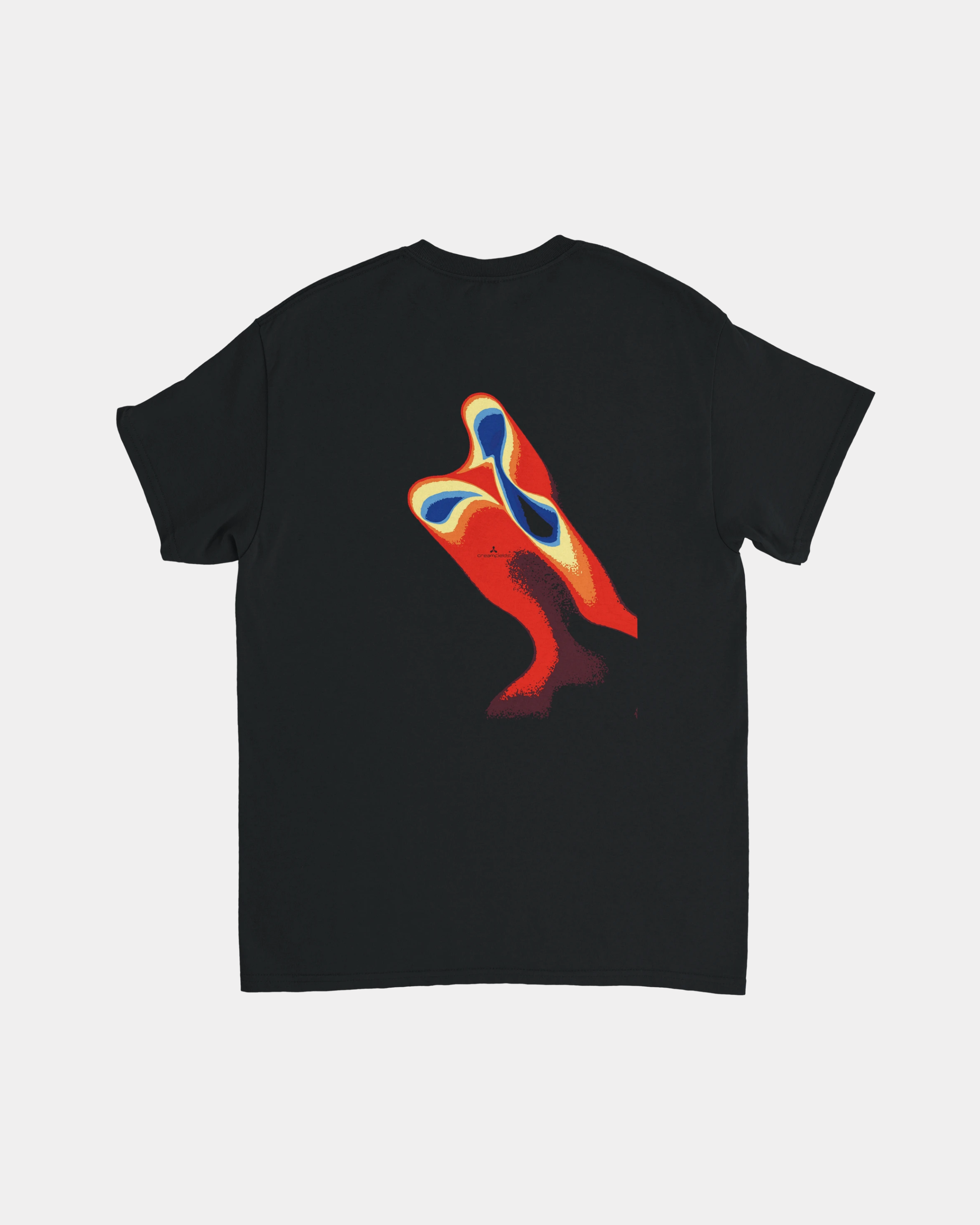 The Creamfields Heatwave Black T-Shirt is crafted from heavyweight cotton in a classic fit, featuring a durable design and an abstract, colorful thermal-style print on the back with blue, red, orange, and yellow shapes that evoke a stylized figure or object on a white background—an essential addition to any wardrobe.