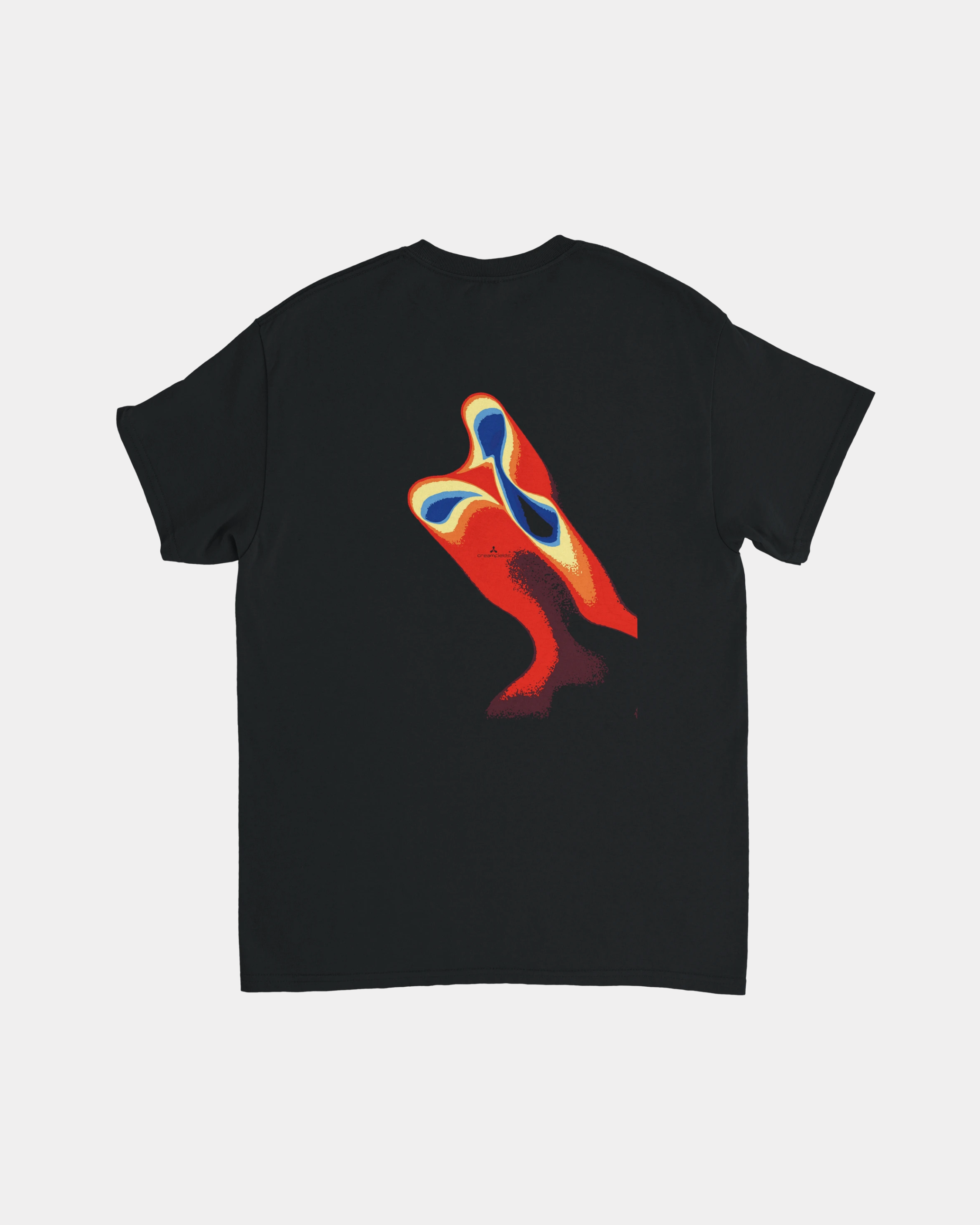 The Creamfields Heatwave Black T-Shirt is crafted from heavyweight cotton in a classic fit, featuring a durable design and an abstract, colorful thermal-style print on the back with blue, red, orange, and yellow shapes that evoke a stylized figure or object on a white background—an essential addition to any wardrobe.