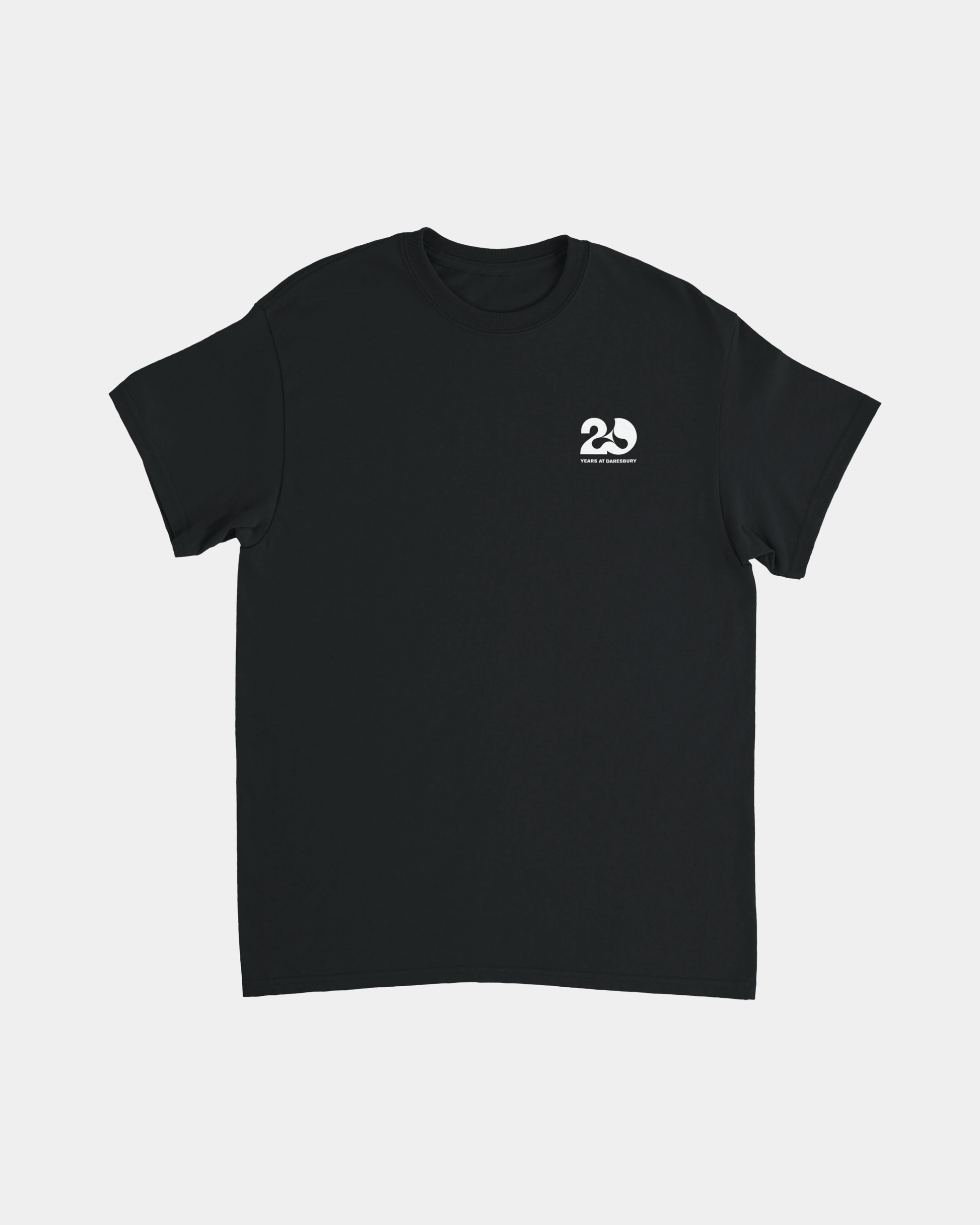The Creamfields 2026 Line-Up 20 Years Black T Shirt is a black, short-sleeve heavyweight cotton tee featuring a small white “20” logo and text on the upper left chest. This classic-fit shirt is shown laid flat on a plain white background, making it perfect for casual wear.