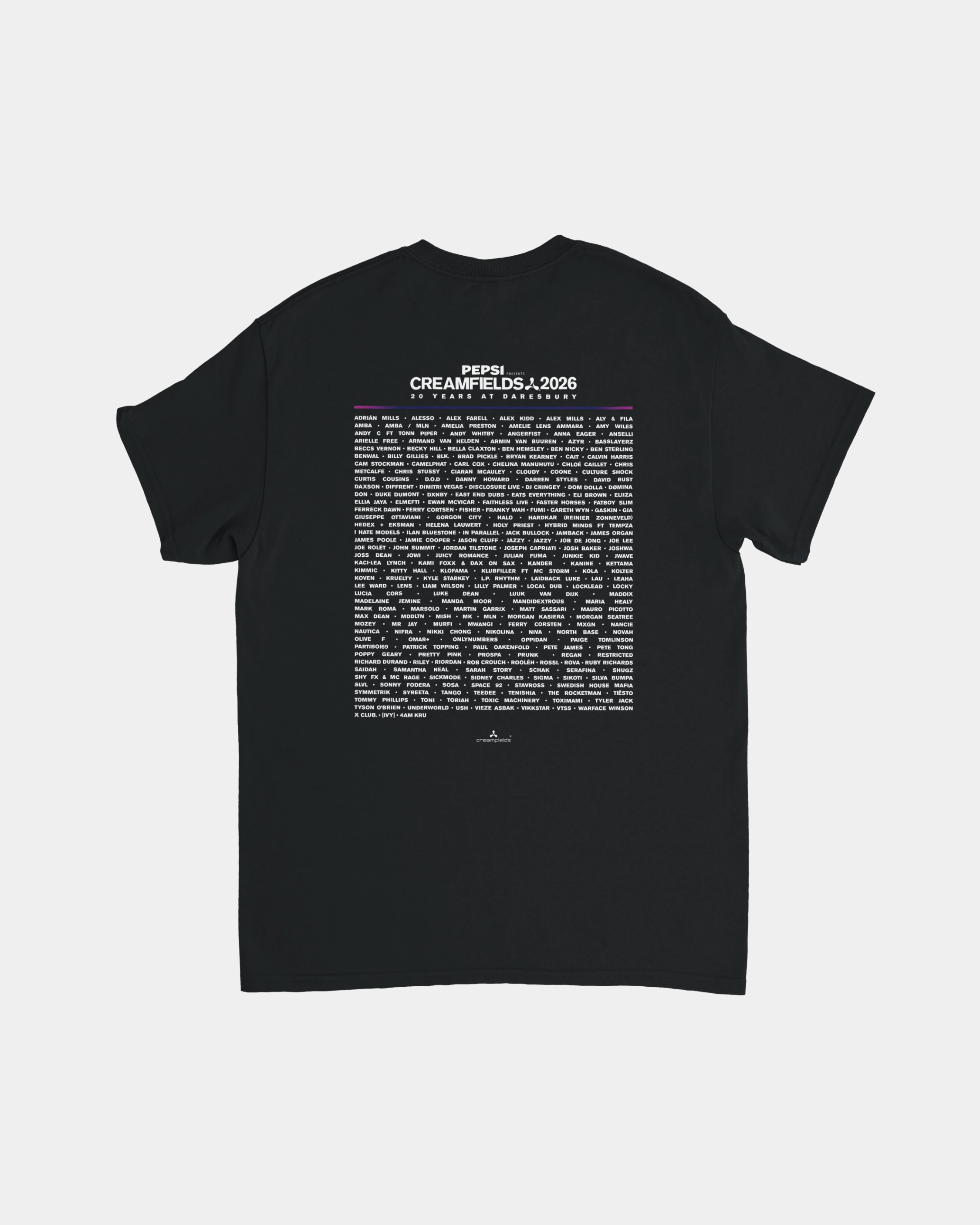 The Creamfields 2026 Line-Up 20 Years Black T Shirt is a heavyweight cotton tee in classic fit, featuring “CREAMFIELDS 2026” and an extensive list of artist names printed in white on the back in a bold concert lineup poster style. The shirt is shown laid flat against a white background.