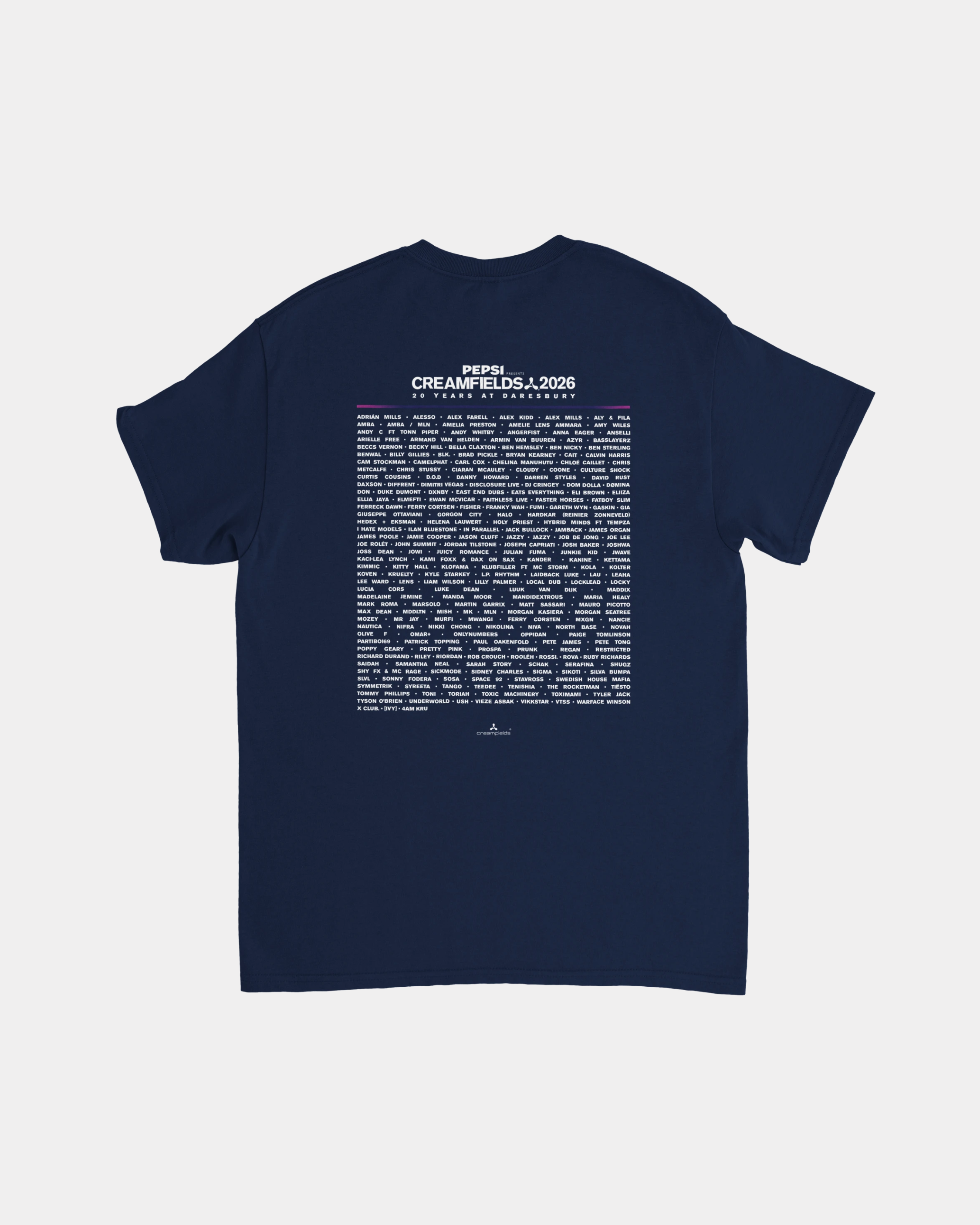 Celebrate two decades of music with the Creamfields 2026 Line-Up 20 Years Navy T Shirt. The back features “CREAMFIELDS 2026” along with an extensive block of small white text—likely listing artists or names—printed below the title. Crafted from heavyweight cotton, this durable classic-fit staple delivers lasting comfort and style.