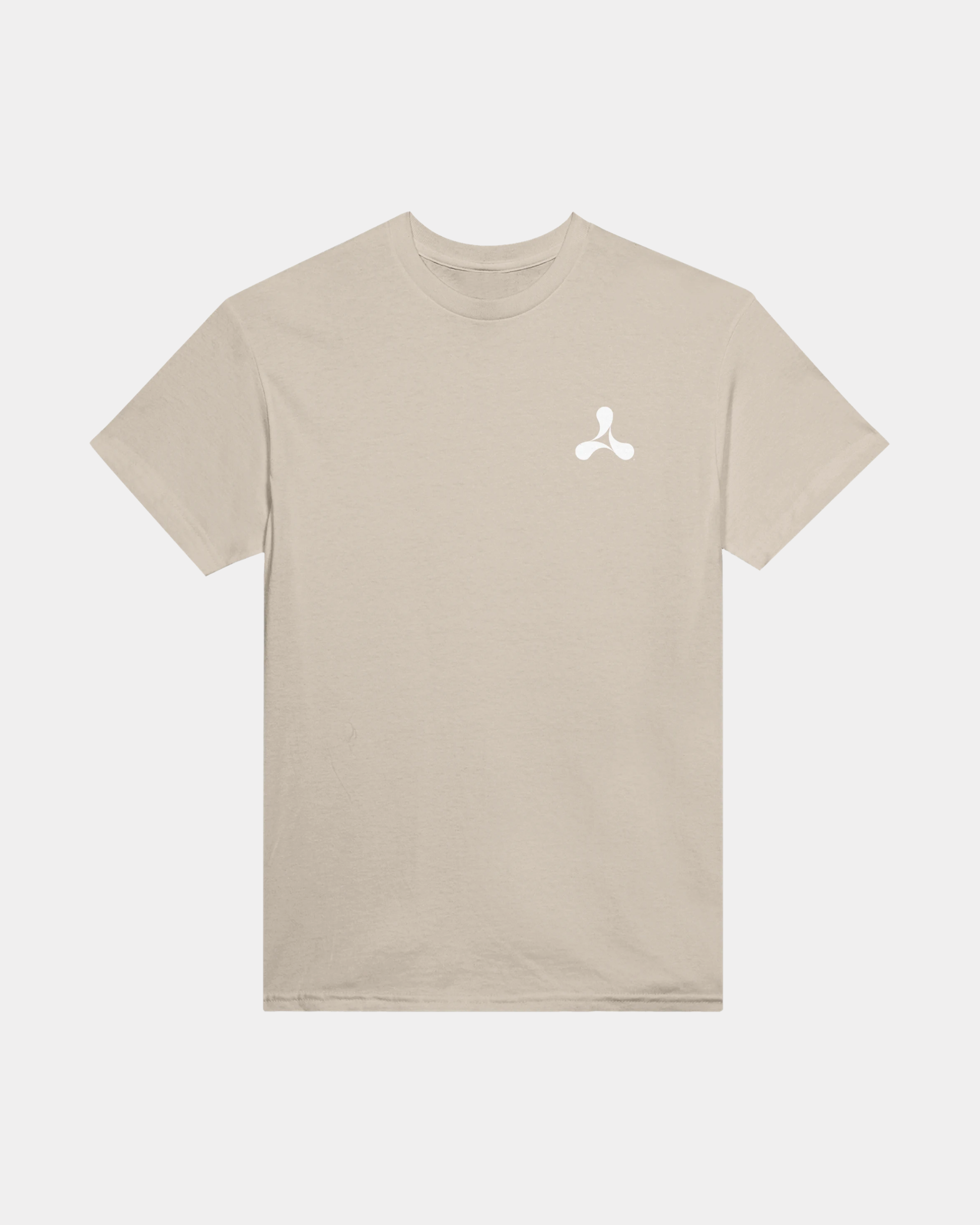 The Creamfields Chrome Logo Sand T-Shirt features a classic fit and short sleeves in a heavyweight beige cotton, accented by a small white abstract logo on the upper left chest. Displayed flat against a plain background, it’s the perfect choice for casual wear.