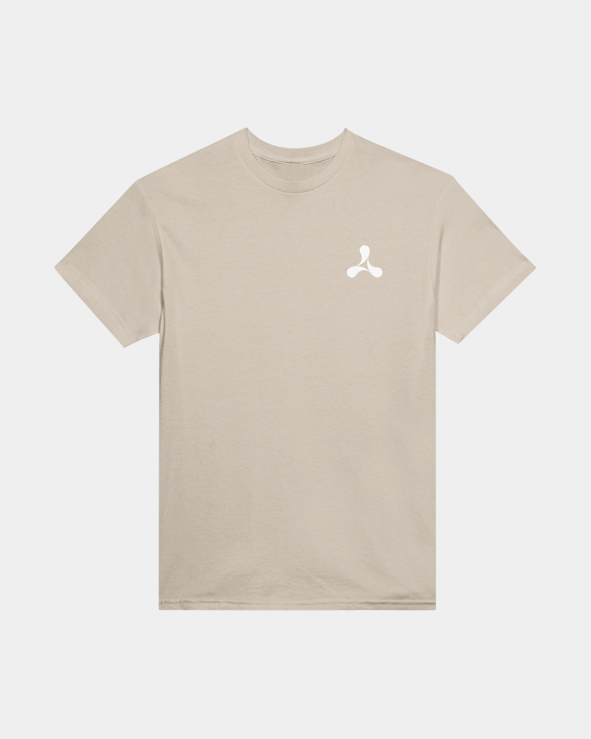 The Creamfields Chrome Logo Sand T-Shirt features a classic fit and short sleeves in a heavyweight beige cotton, accented by a small white abstract logo on the upper left chest. Displayed flat against a plain background, it’s the perfect choice for casual wear.