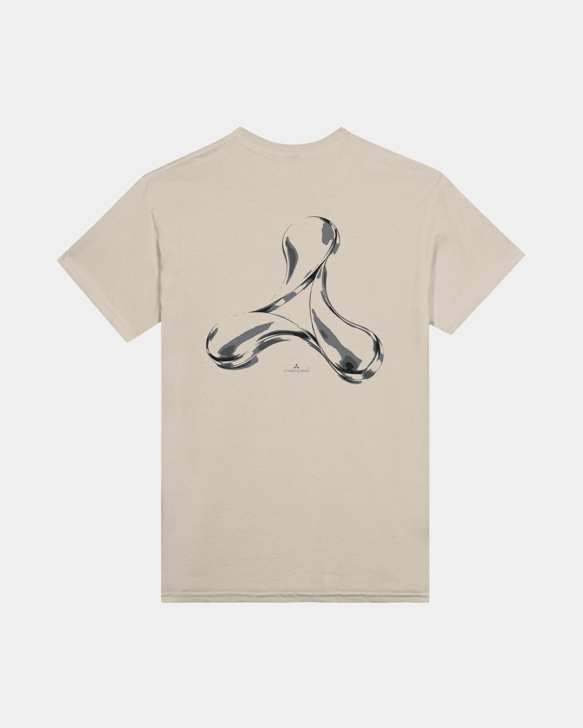 The Creamfields Chrome Logo Sand T-Shirt features a large, abstract black and silver swirling design centered on the back. Made from heavyweight cotton in a classic fit, this stylish beige t-shirt is perfect for casual wear.
