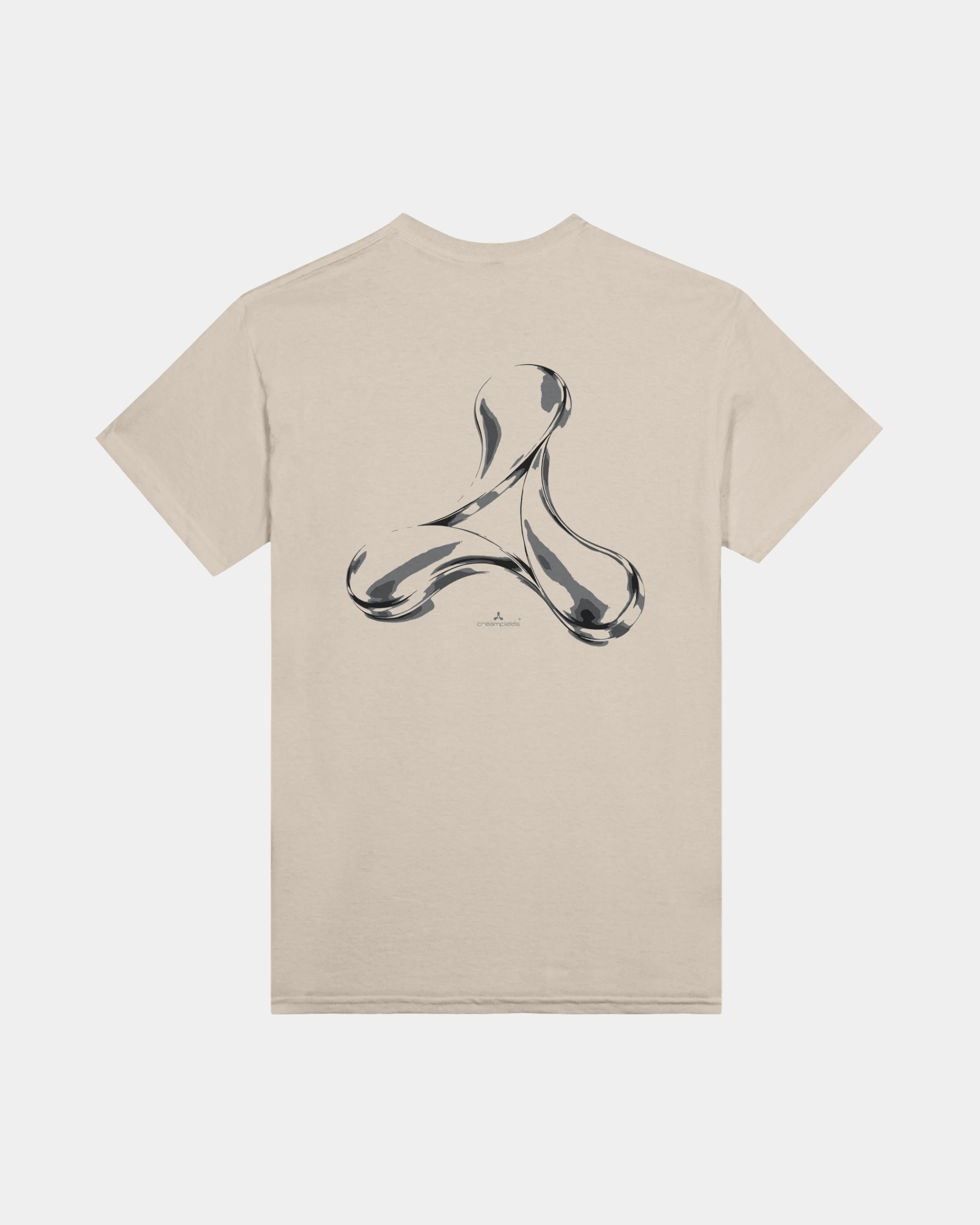 The Creamfields Chrome Logo Sand T-Shirt features a large, abstract black and silver swirling design centered on the back. Made from heavyweight cotton in a classic fit, this stylish beige t-shirt is perfect for casual wear.