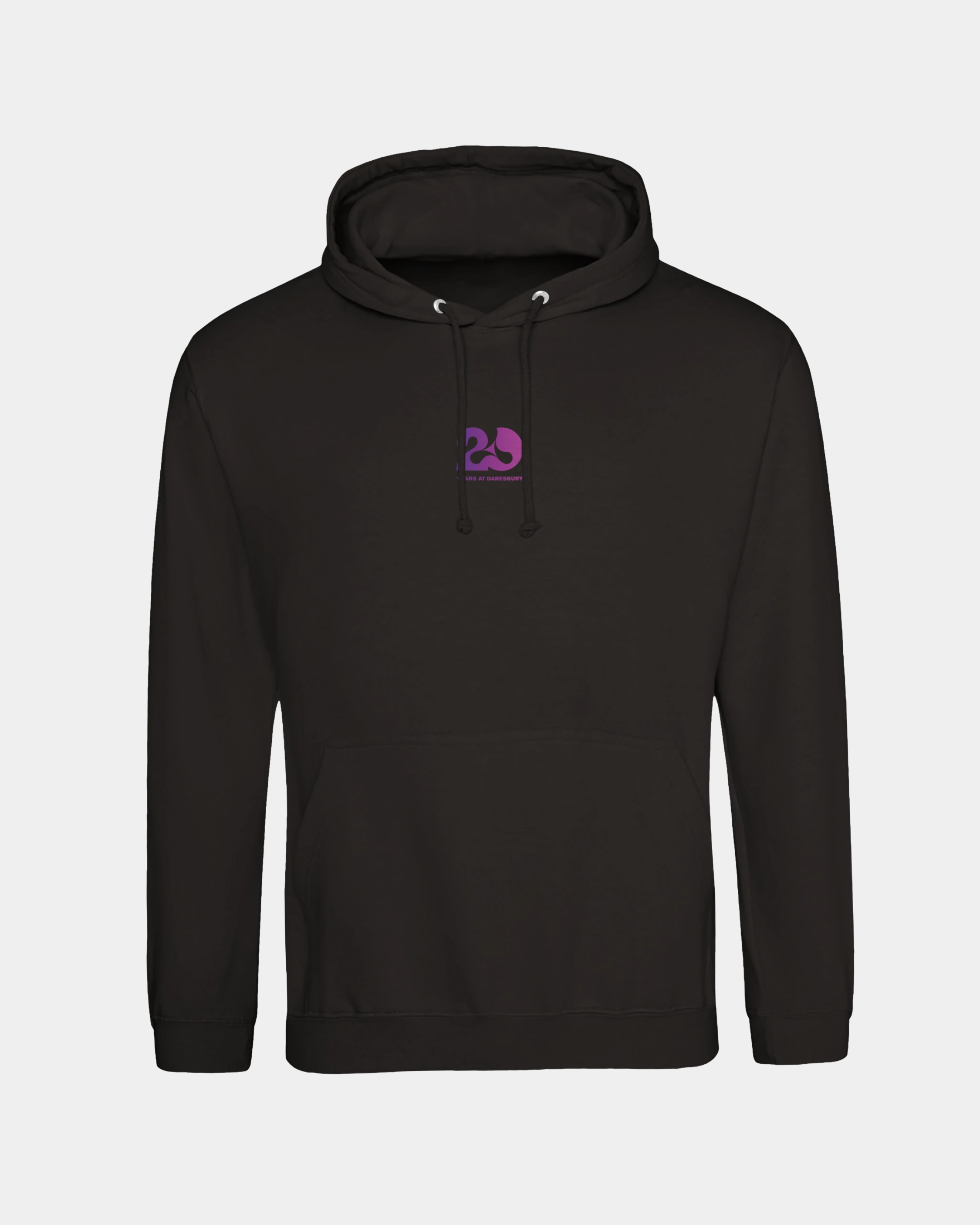 Introducing the Creamfields 2026 Line-Up 20 Years Roundel Black Hoodie—a made-to-order unisex sweatshirt crafted from ultra-soft fabric for ultimate comfort. This everyday essential features a front pocket and a small, centered purple “20” roundel logo in a stylized font across the chest.