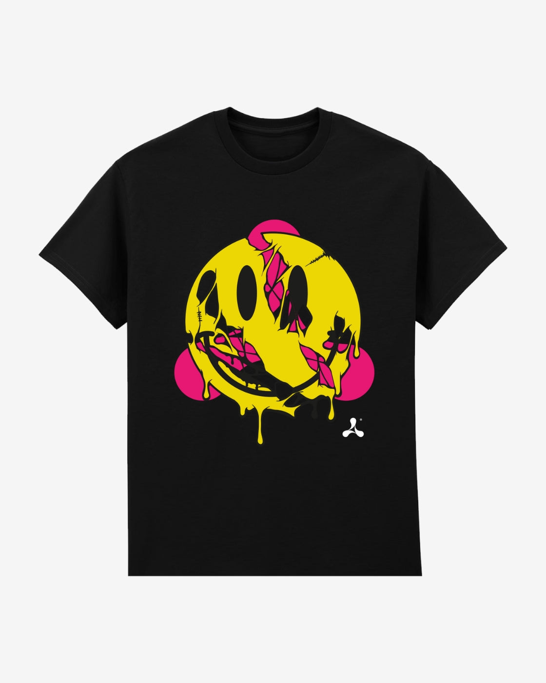 The Creamfields 2025 Acid Regular Fit Black T-Shirt features a large, distorted yellow smiley face with melting graffiti-style pink and black details on the front and a small white logo near the bottom right.