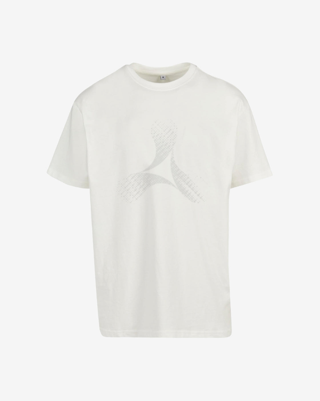 The Creamfields 2025 Atomise White Oversized Fit T-Shirt by Creamfields features a subtle light gray abstract geometric design on the front, with short sleeves, a classic crew neckline, and an oversized relaxed fit.