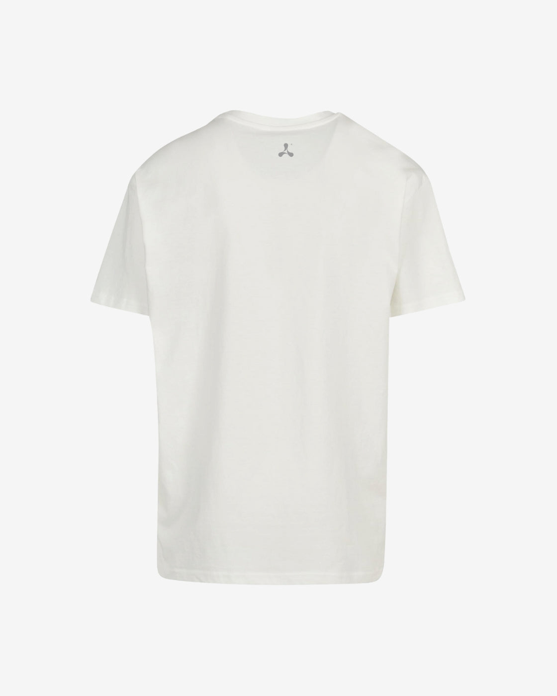 Back view of the Creamfields 2025 Atomise White Oversized Fit T-Shirt by Creamfields, featuring a plain design with short sleeves and a subtle gray logo near the neckline, shown against a light background.
