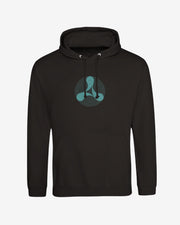 Black hoodie with a teal logo on a light gray background