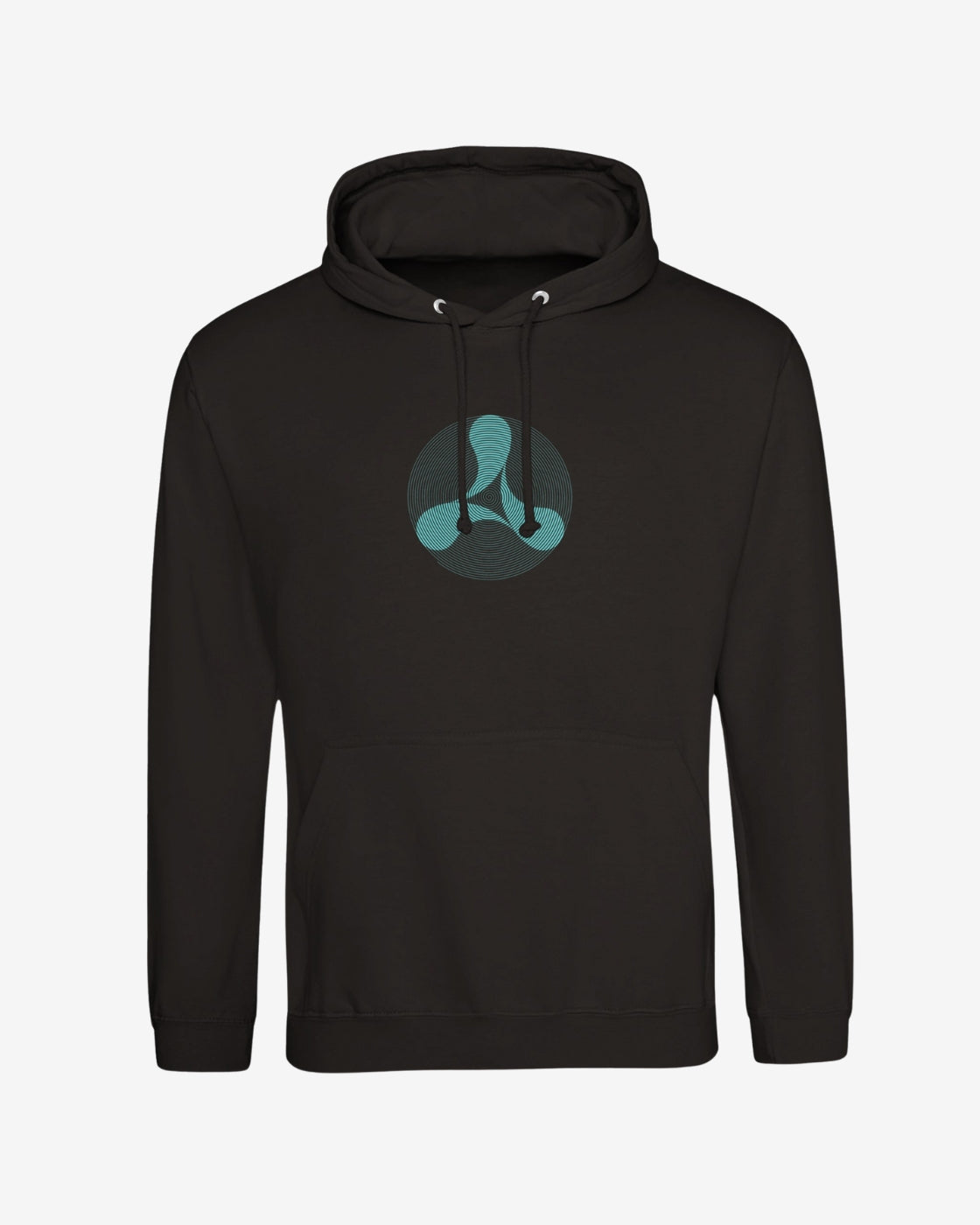 Black hoodie with a teal logo on a light gray background