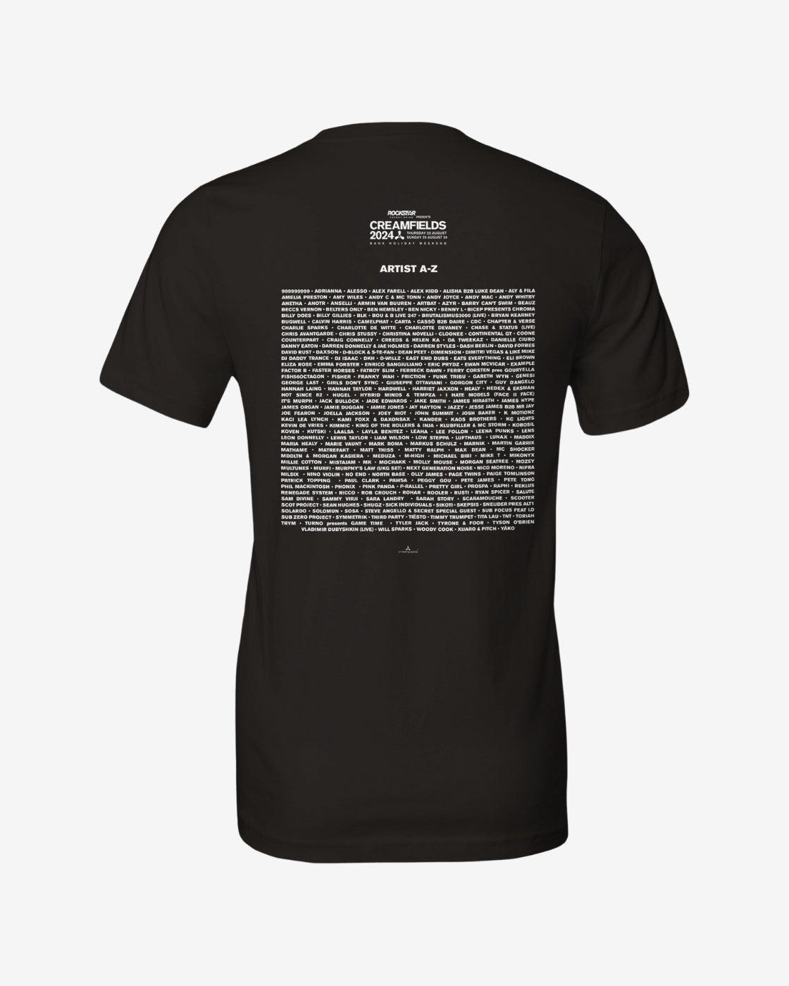 Black t-shirt with text design on the back against a white background