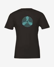 Black t-shirt with a blue circular design on a white background
