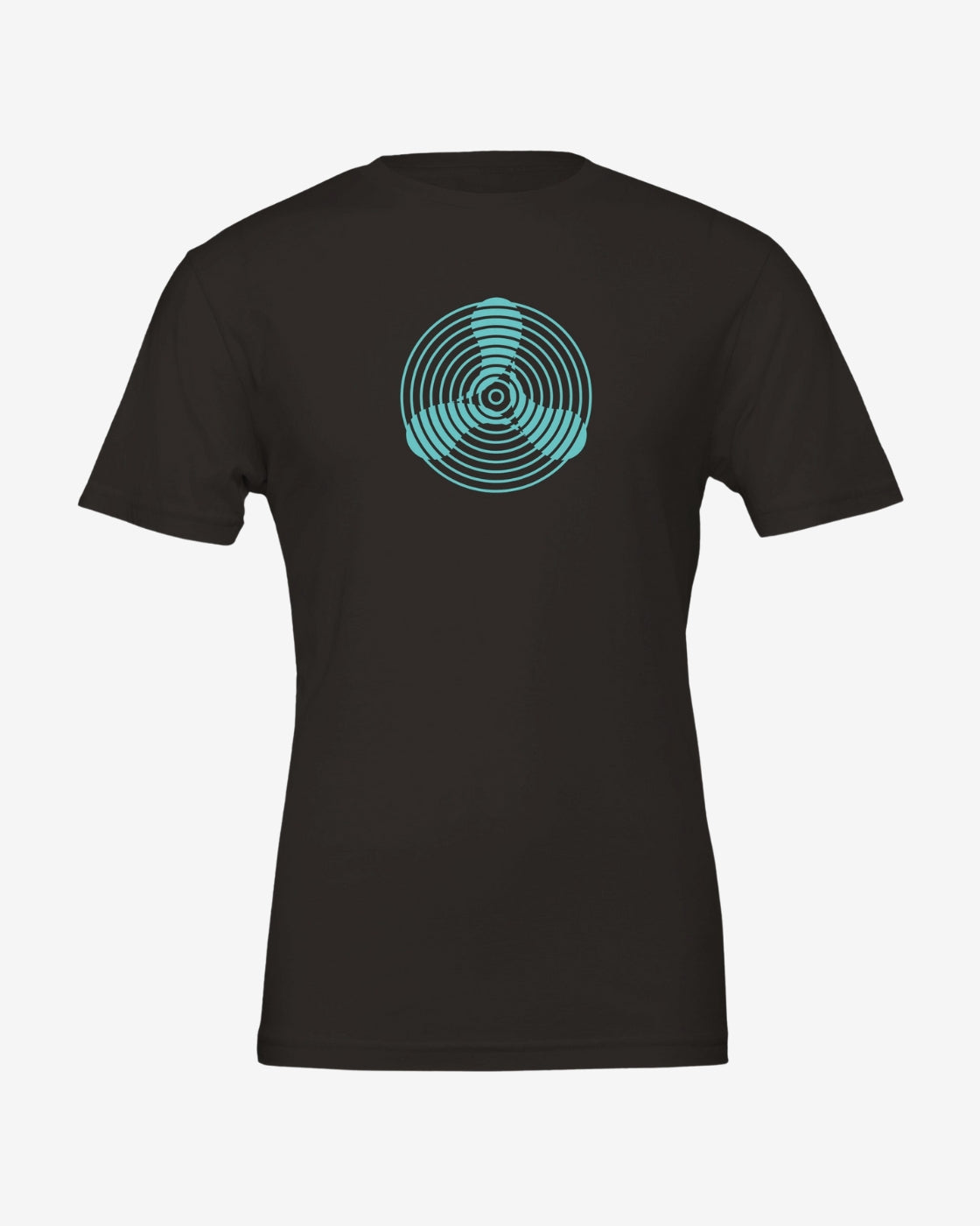 Black t-shirt with a blue circular design on a white background