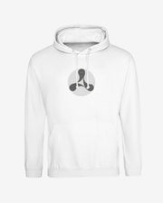 The Creamfields 2024 Line Up White Hoodie by Creamfields is a unisex, 100% cotton hoodie with a front pocket and adjustable drawstrings, featuring a black and gray geometric circular chest design for everyday comfort.