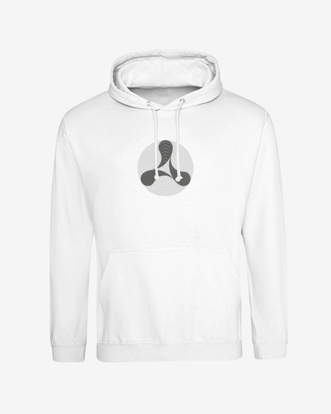 The Creamfields 2024 Line Up White Hoodie by Creamfields is a unisex, 100% cotton hoodie with a front pocket and adjustable drawstrings, featuring a black and gray geometric circular chest design for everyday comfort.