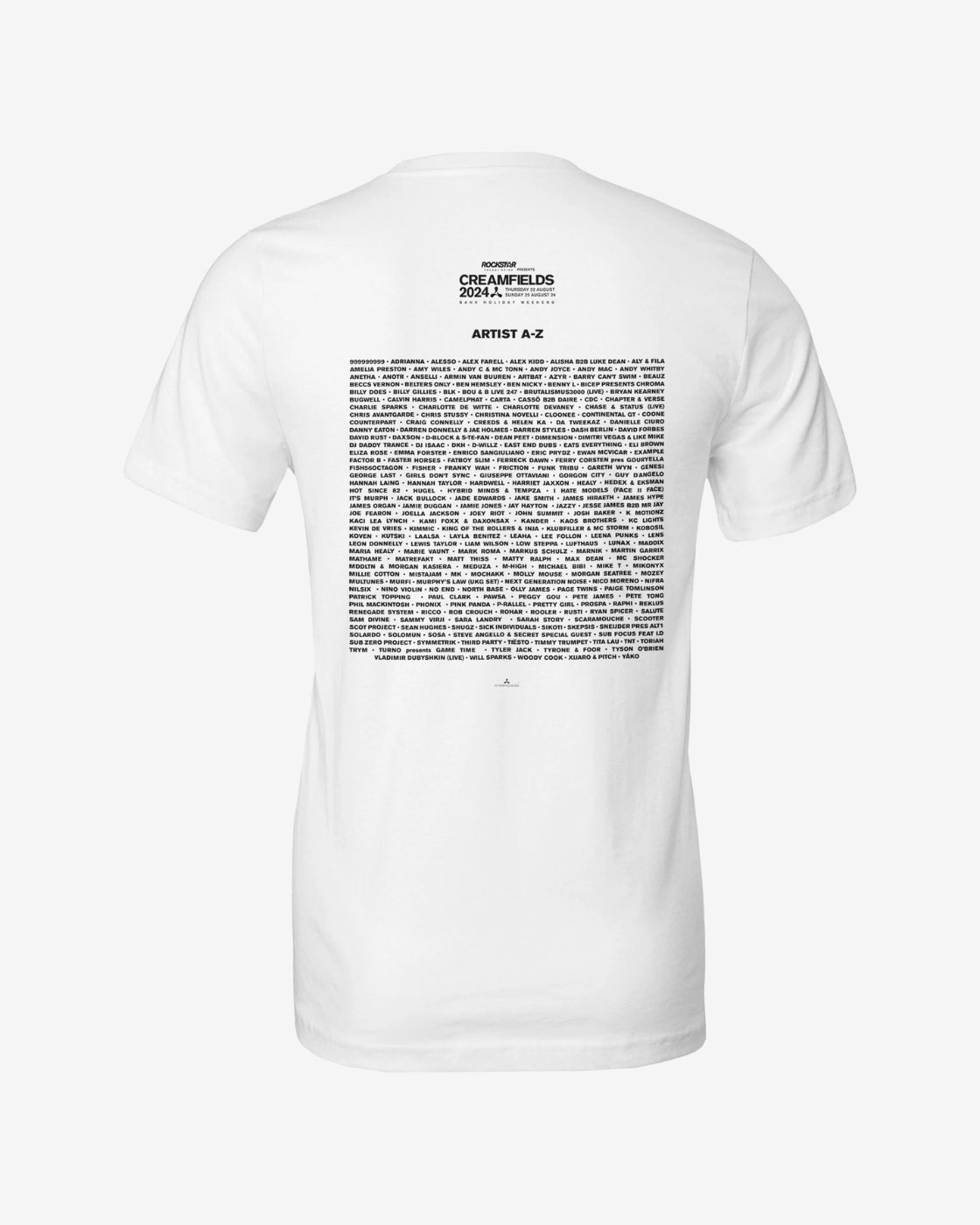 White t-shirt with black text on a white background