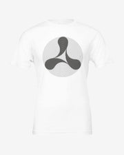 White t-shirt with a black geometric logo on a white background