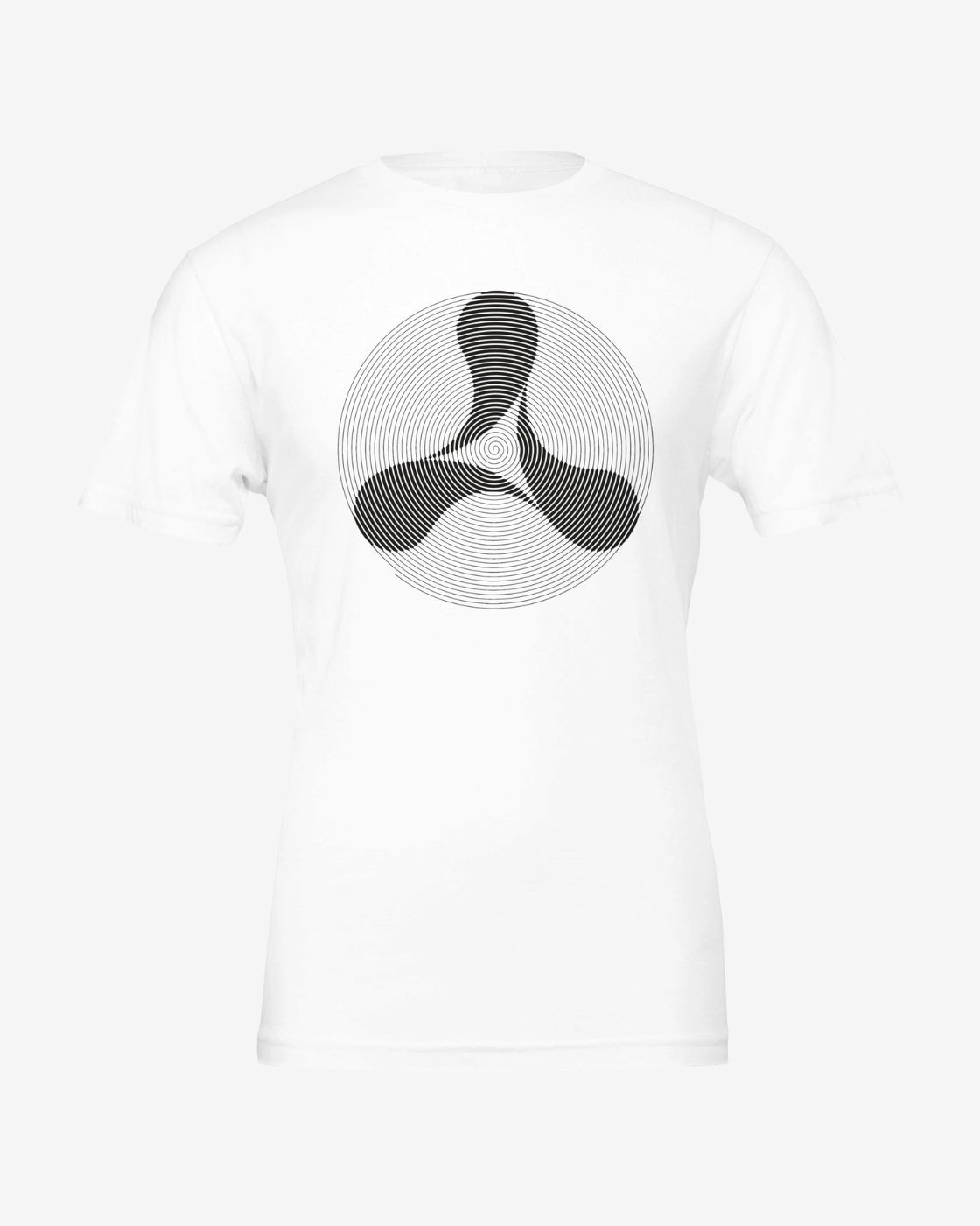 White t-shirt with a black geometric logo on a white background