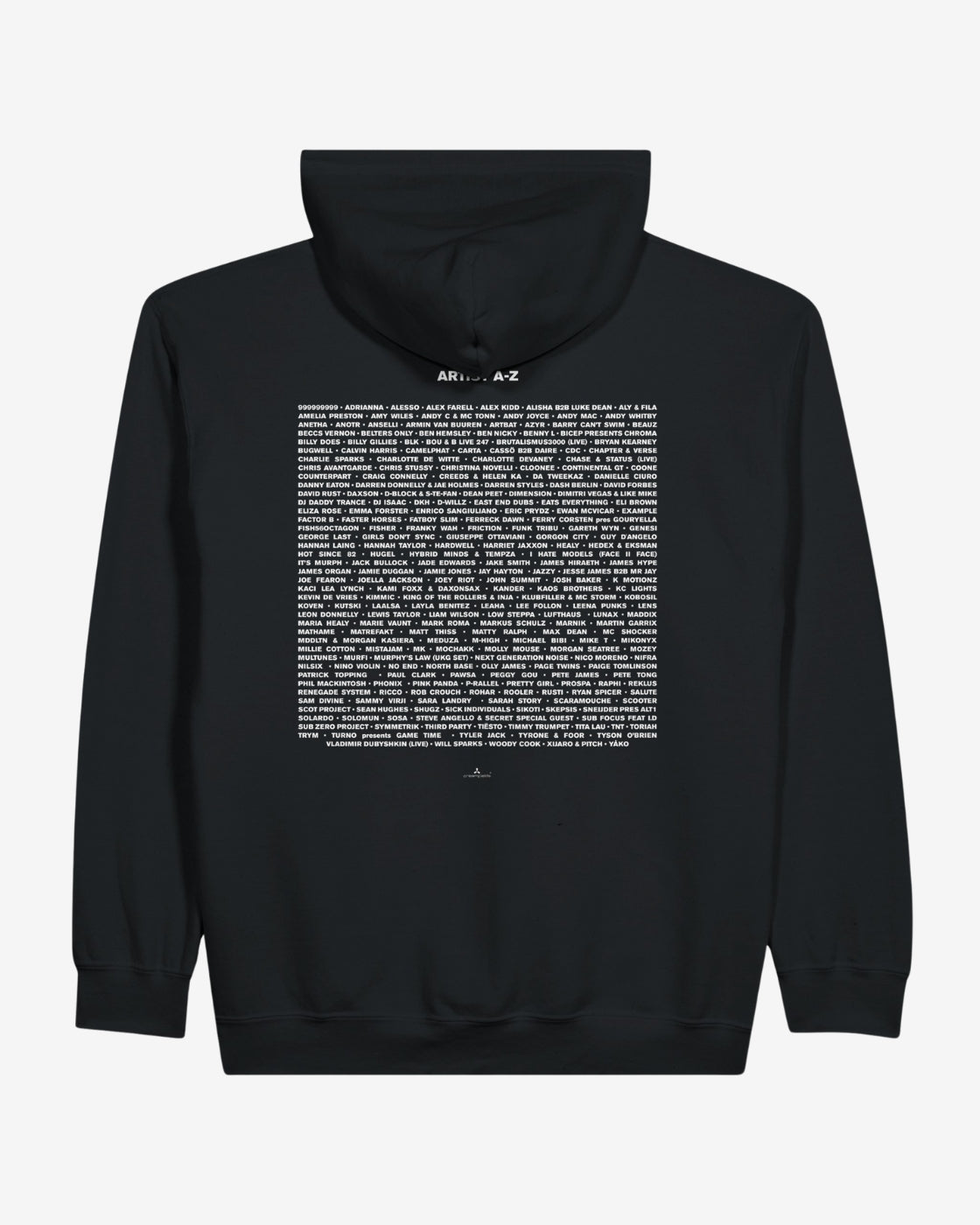 Black hoodie with text design on the back against a white background