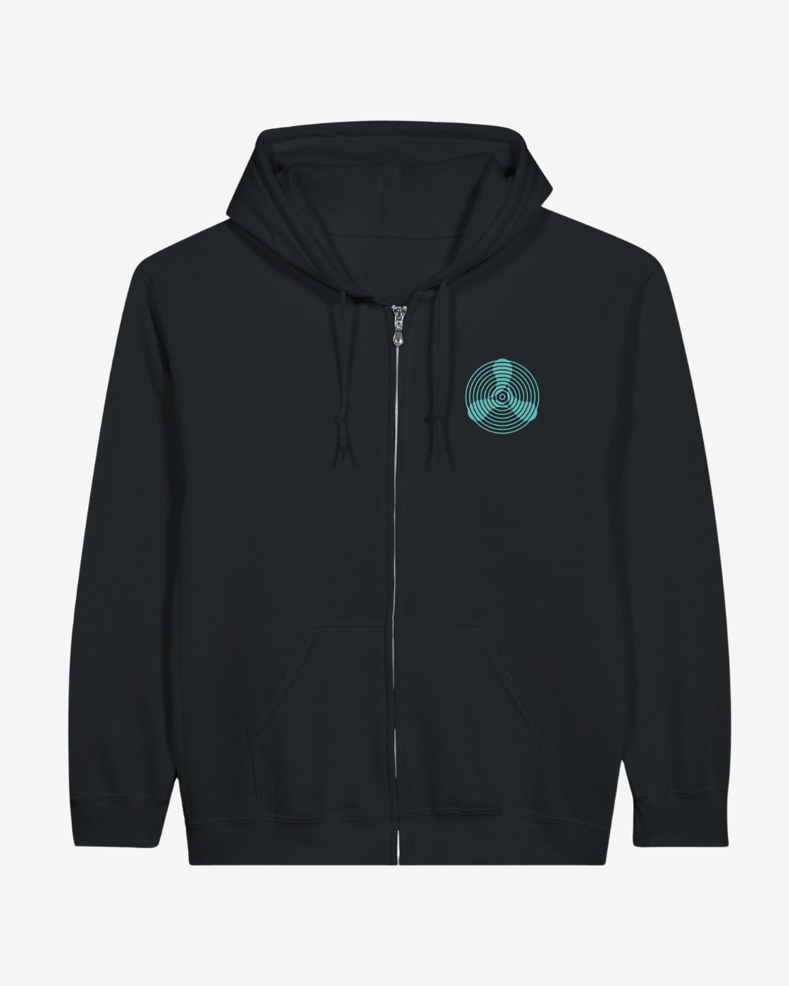 Black hoodie with a teal logo on a light gray background