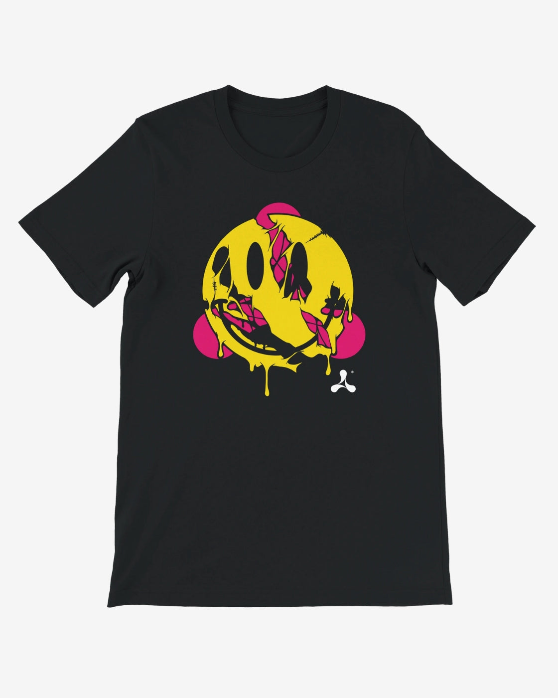 Black t-shirt with a yellow and pink smiley face design on a white background