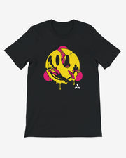 Black t-shirt with a yellow and pink smiley face design on a white background