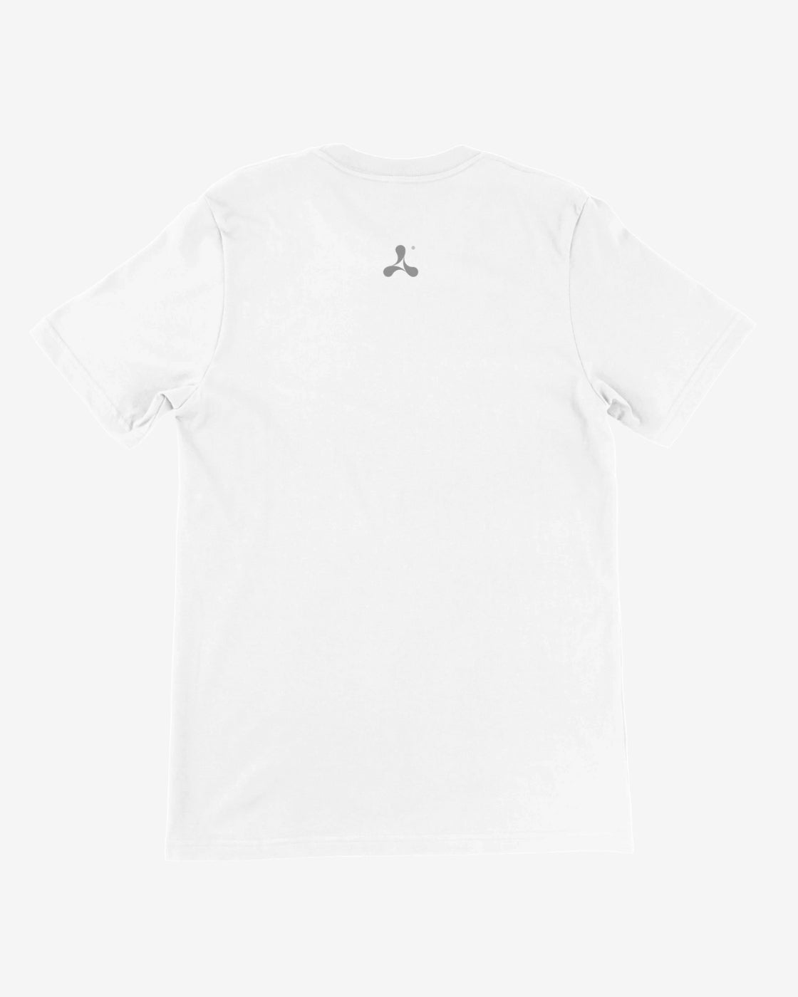White t-shirt with a small logo on a white background