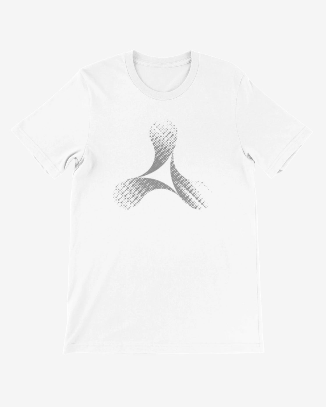 White t-shirt with a black logo on a white background