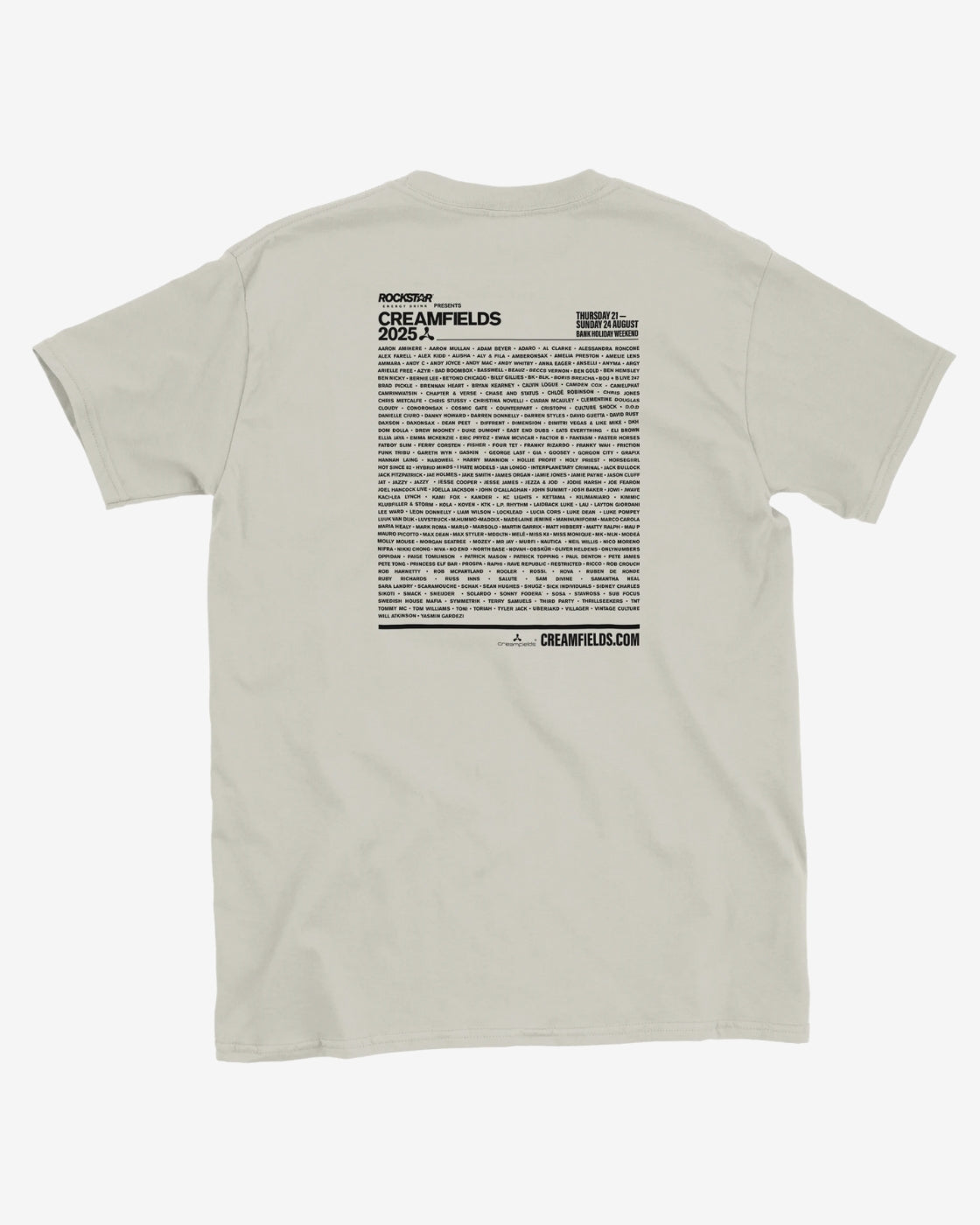 Beige t-shirt with text design on the back on a white background