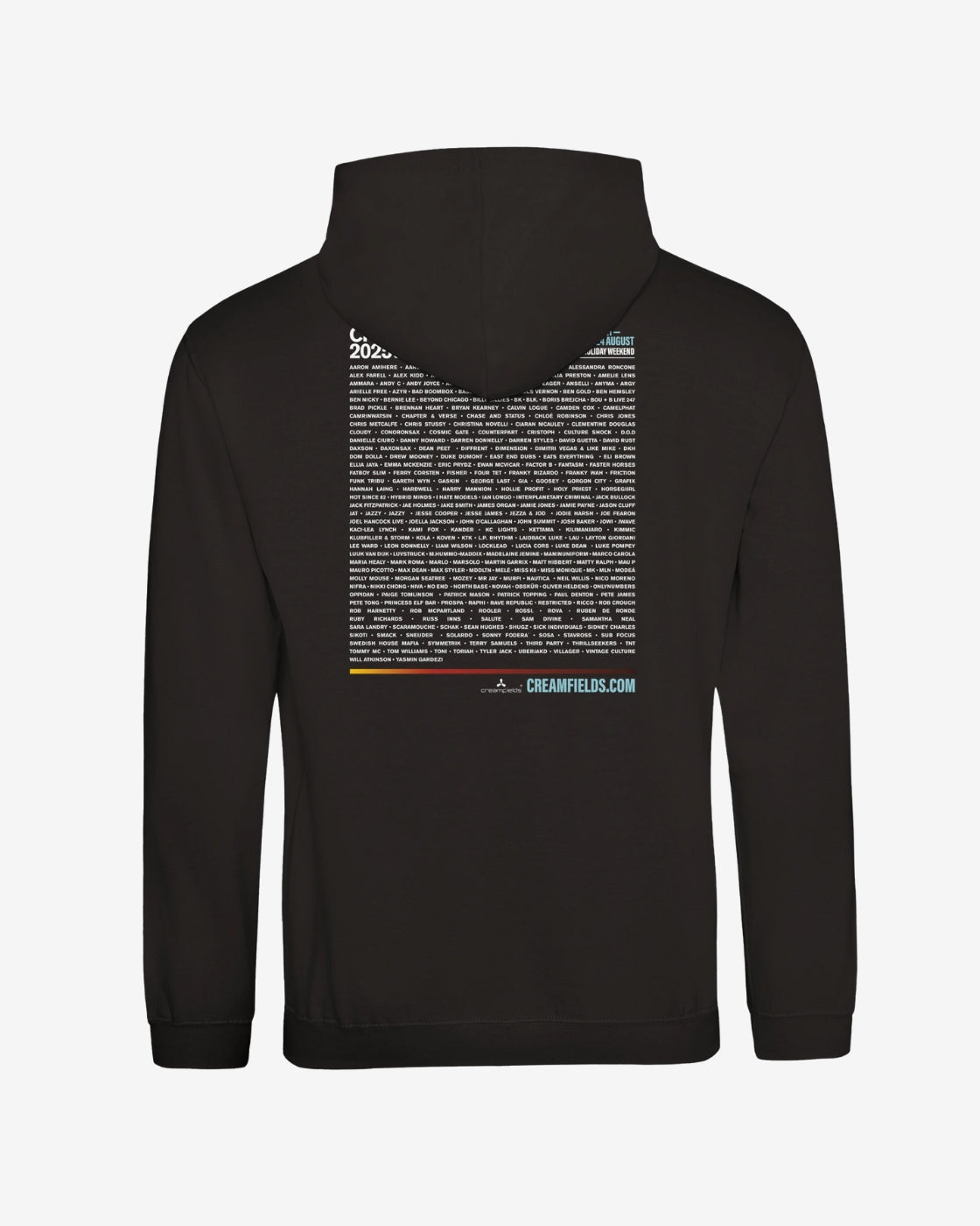 Black hoodie with text design on the back against a white background