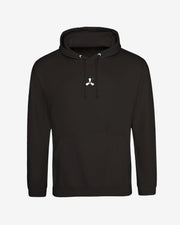 Black hoodie with a white logo on a light gray background