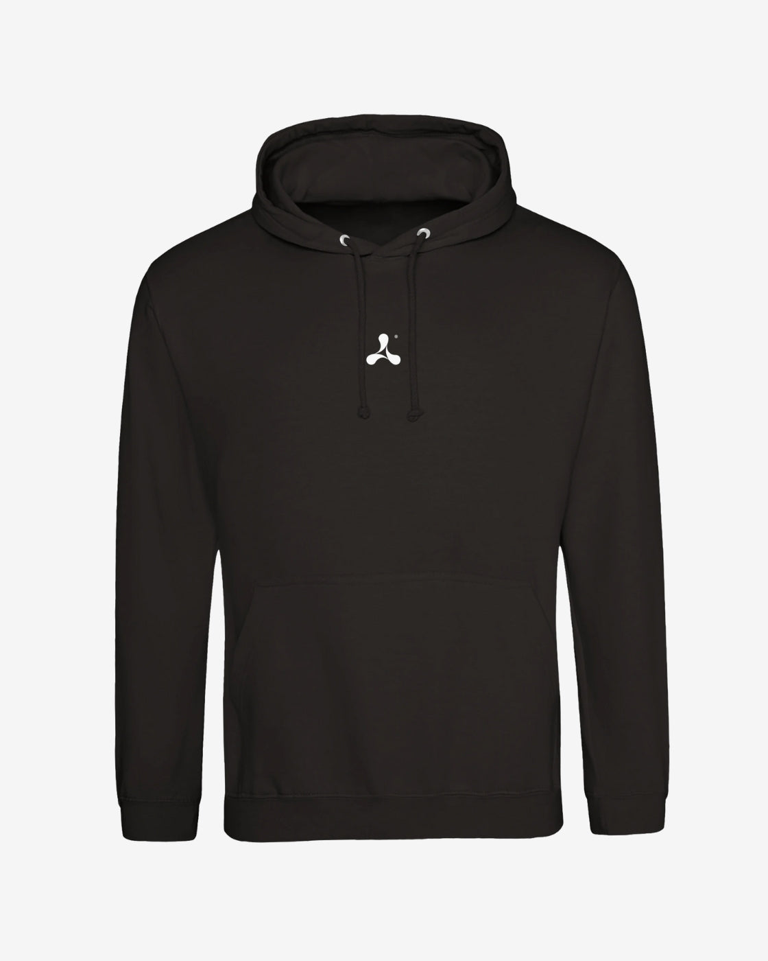 Black hoodie with a white logo on a light gray background