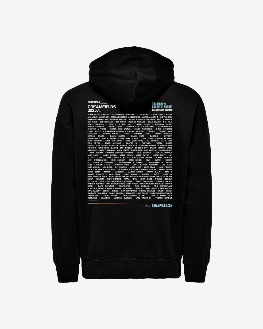 The Creamfields 2025 Line Up Black Pullover Oversized Hoodie by Creamfields features the festival’s lineup printed in white and blue text on the back, with artist names and event details under the heading PROGRAMME CREAMFIELDS 2025.
