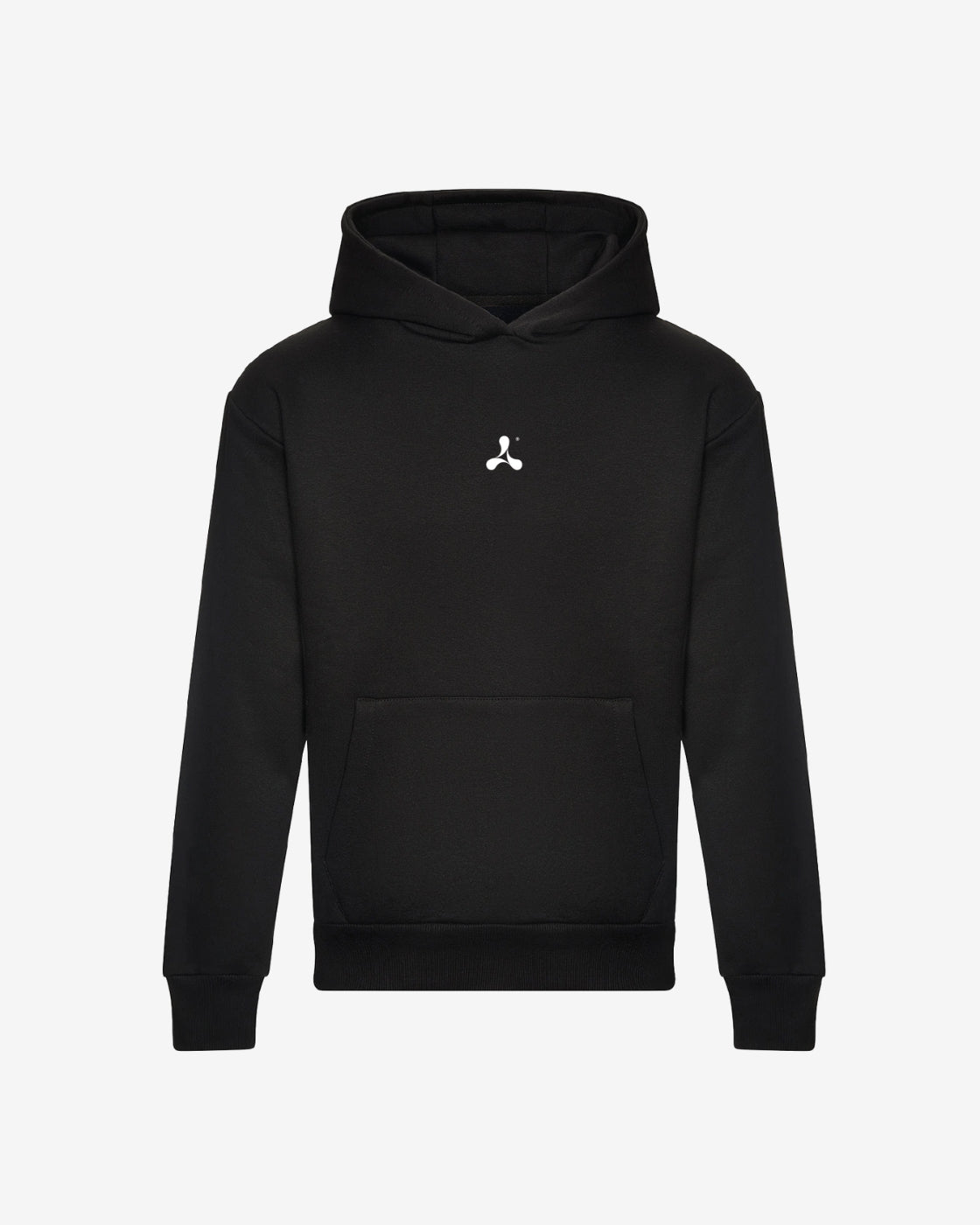 The Creamfields 2025 Line Up Black Pullover Oversized Hoodie by Creamfields features a front pocket and a small white abstract logo on the chest, displayed against a plain white background.