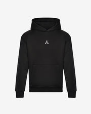 The Creamfields 2025 Line Up Black Pullover Oversized Hoodie by Creamfields features a front pocket and a small white abstract logo on the chest, displayed against a plain white background.