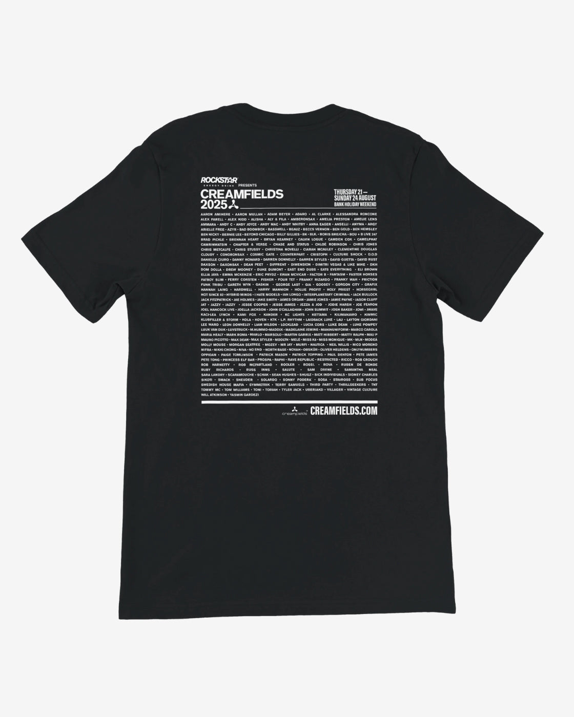 Black t-shirt with white text on the back on a white background