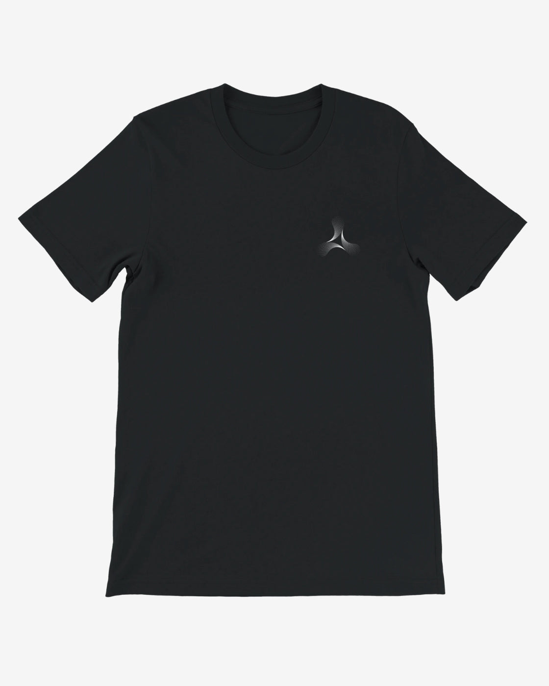 Black t-shirt with a logo on a white background