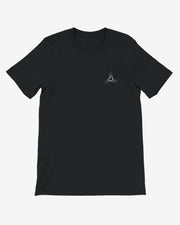 Black t-shirt with a logo on a white background