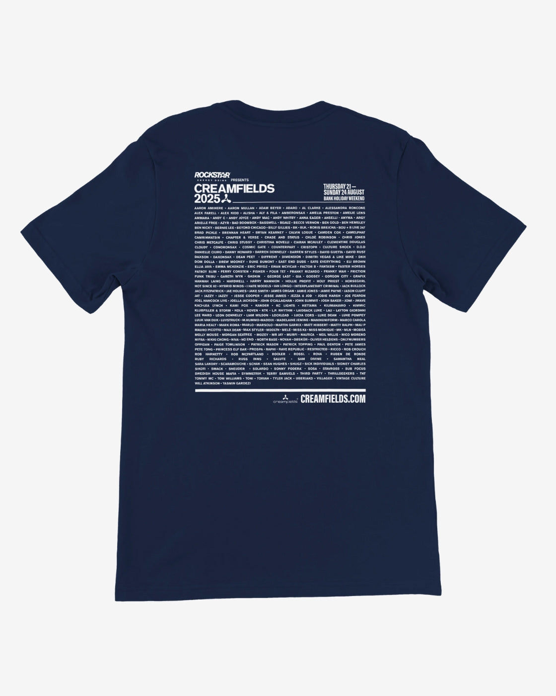 Navy blue t-shirt with white text on the back on a white background