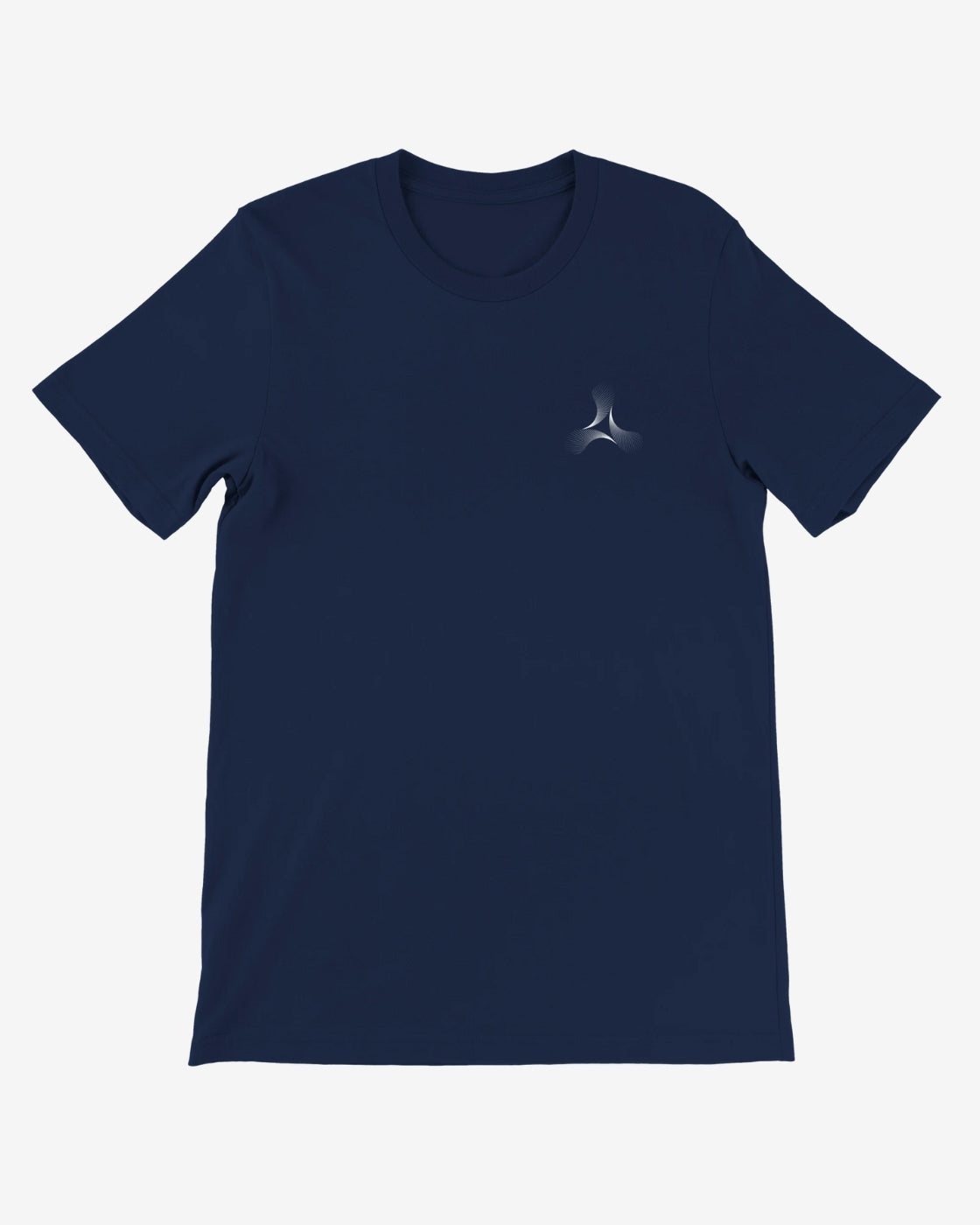 Navy blue t-shirt with a small logo on a white background