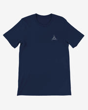 Navy blue t-shirt with a small logo on a white background