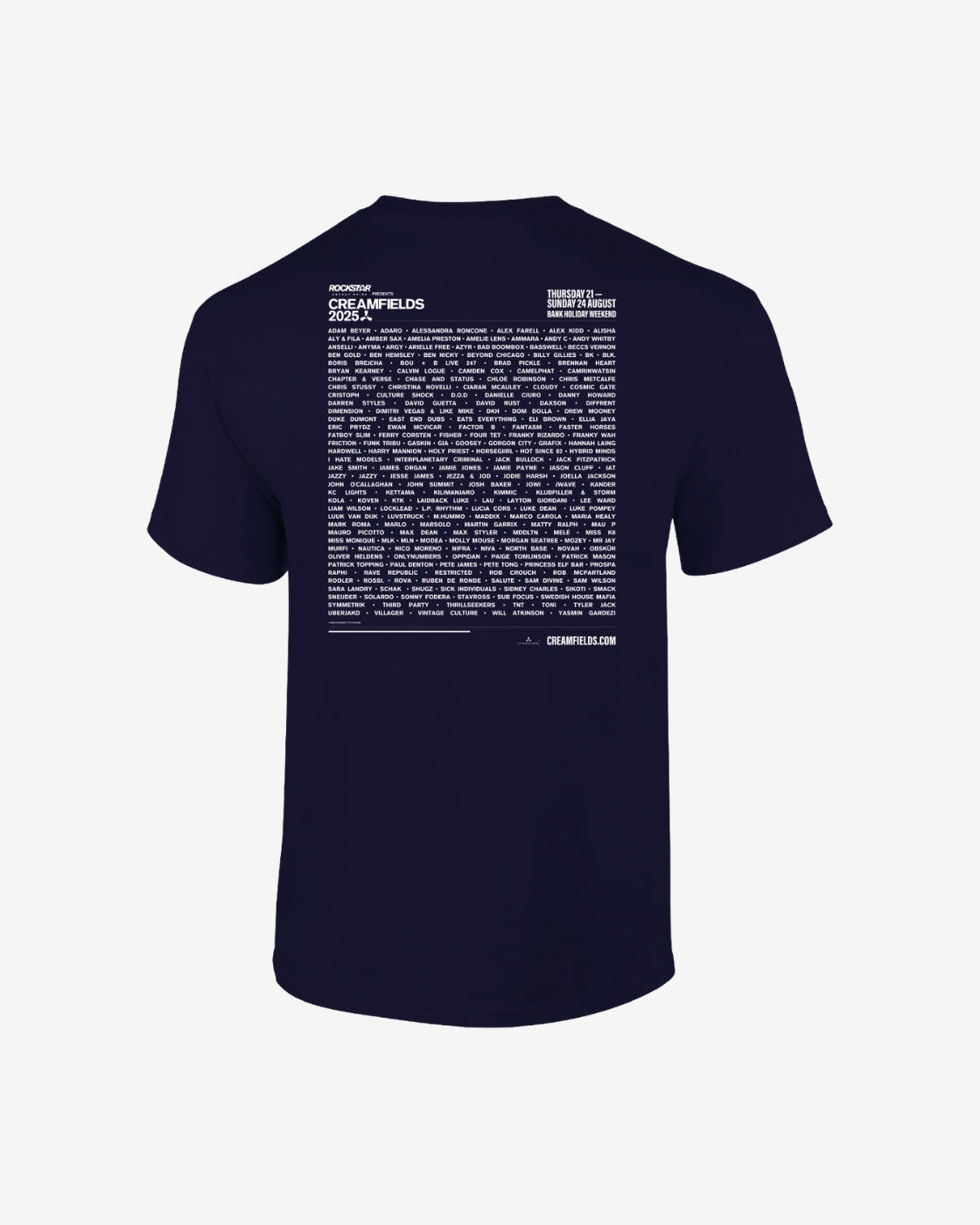 The Creamfields 2025 Line Up Navy T-Shirt by Creamfields is shown from the back, displaying a large white text block of artist names and titles at the top, with creamfields.com near the lower right.