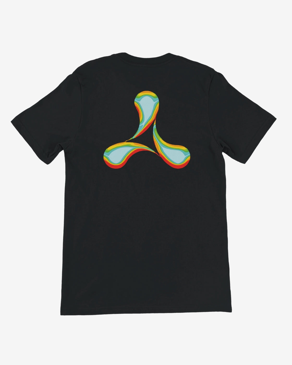 Black t-shirt with a colorful logo on the back against a white background